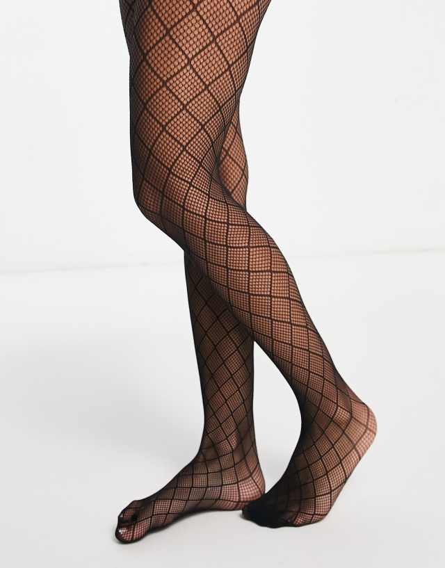 My Accessories London sheer tights in black with criss cross diamond print