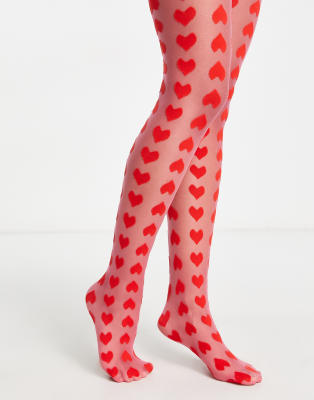 My Accessories London Sheer Tights In Pink With Heart Print In Pink