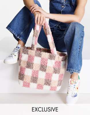 My Accessories London Sherpa Tote Bag In Pink Plaid | ModeSens