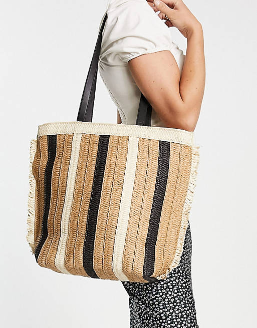 My Accessories London shopper bag in natural straw with stripes and frayed detail | ASOS