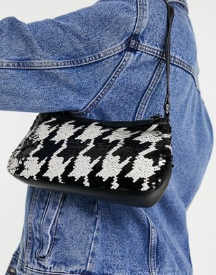 My Accessories London festival shoulder bag in black and white dogtooth sequin