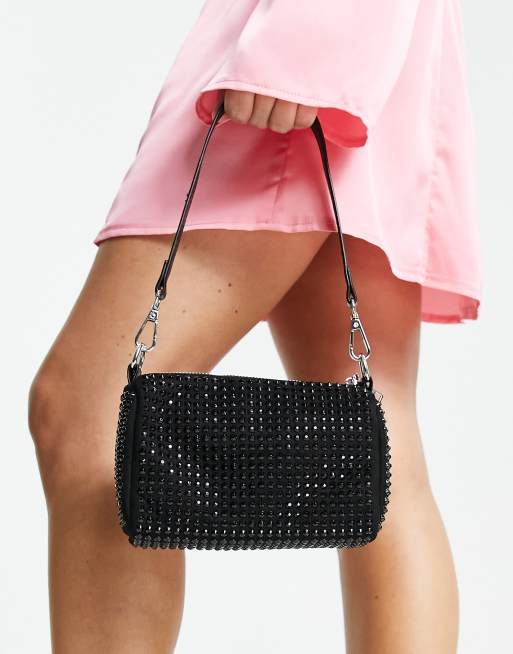 My Accessories London - Sort firkantet skuldertaske med krystaludsmykning