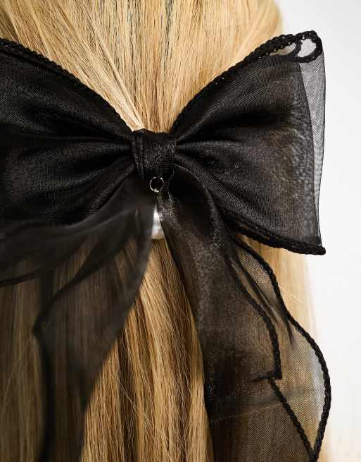 My Accessories London - Sort hårspænde med perler og sløjfe i organza, 2 af 4