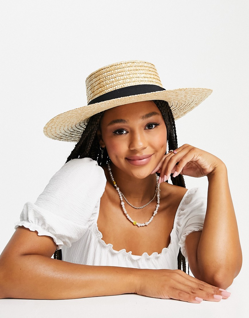 My Accessories London straw boater hat with black trim-Neutral