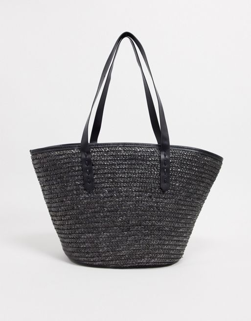 My Accessories London straw tote bag in black with contrast faux ...