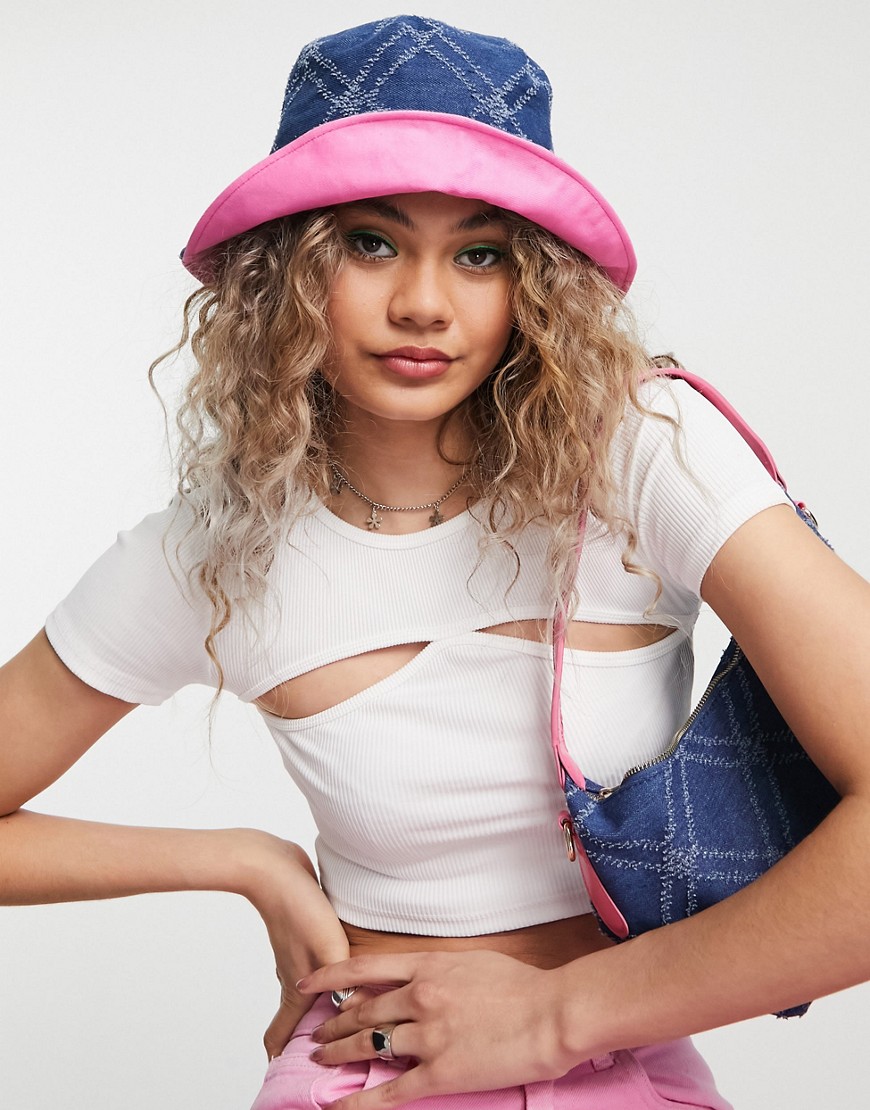 My Accessories London sun hat in quilted denim with pink turnup - part of a set-Blue