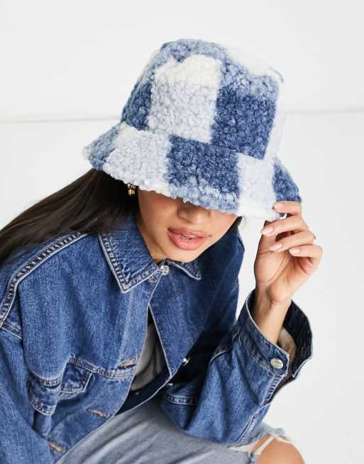 My Accessories London – Wendbarer, karierter Teddy-Anglerhut aus Nylon in Blau 