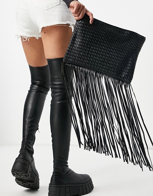 My Accessories London woven clutch with fringing