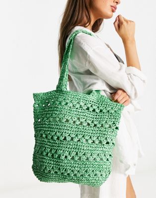 London woven crochet tote bag-Green