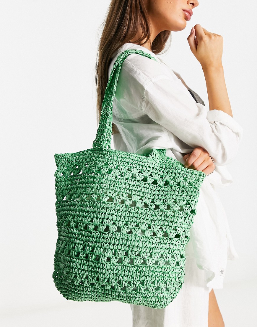 My Accessories London Woven Crochet Tote Bag-green