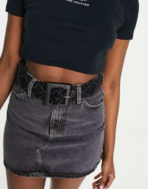 My Accessories London woven rattan crochet belt in black