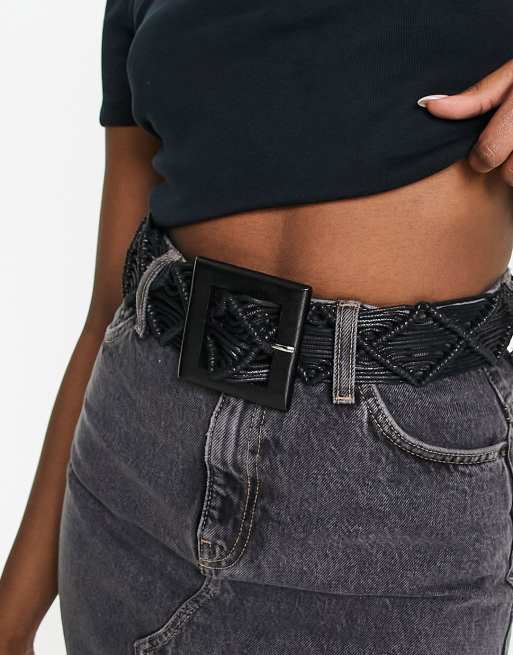 My Accessories London woven rattan crochet belt in black | ASOS