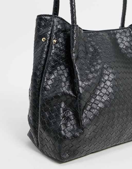 London Tote in Black Woven Leather