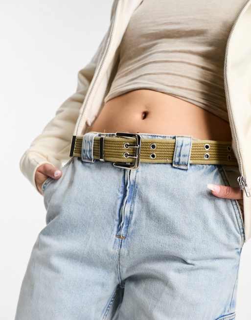 My Accessories London – Zielony parciany pasek z podwójnymi oczkami w stylu grunge