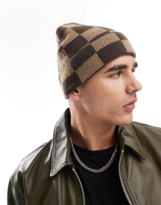 My Accessories - Man - Beanie met dambordpatroon in bruin en beige