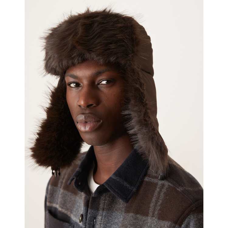 My Accessories Man nylon and faux fur trapper hat in chocolate