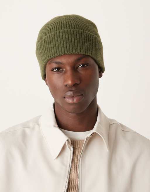 My Accessories Man – Oliwkowozielona prążkowana czapka beanie z wywiniętym brzegiem