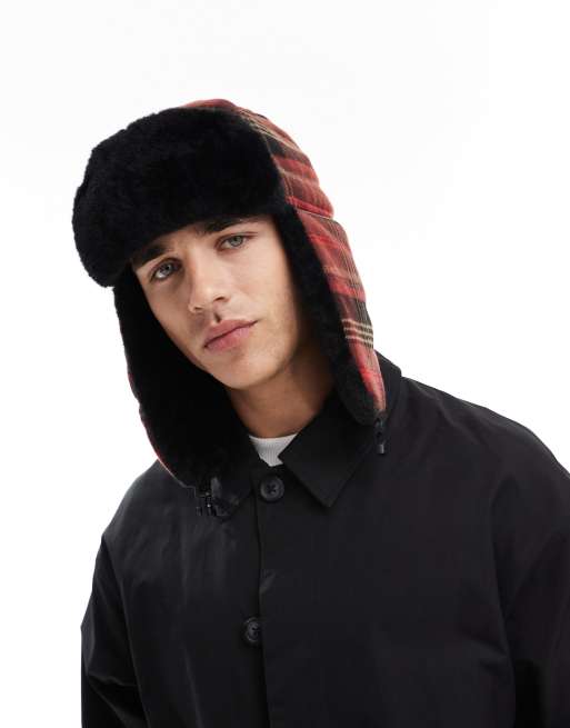My Accessories Man trapper hat with faux fur trim in red plaid