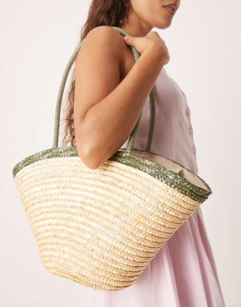 My Accessories medium straw tote bag with contrast green strap in beige  - view 1