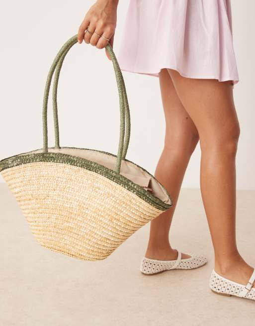 My Accessories medium straw tote bag with contrast green strap in beige 