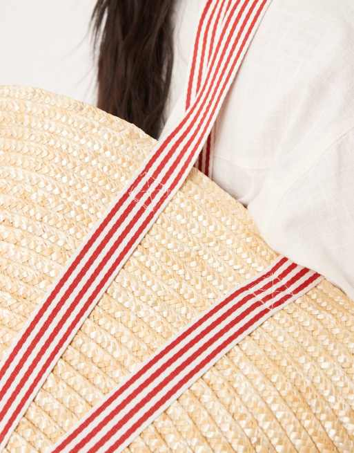 My Accessories medium straw tote bag with contrast stripe straps in beige, 3 of 4