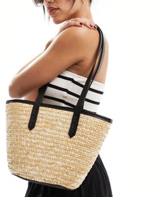 My Accessories mini straw tote bag with contrast strap in natural-Neutral