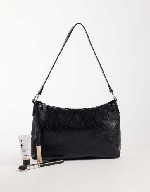 My Accessories minimal shoulder bag in crinkled shiny black, 2 of 4