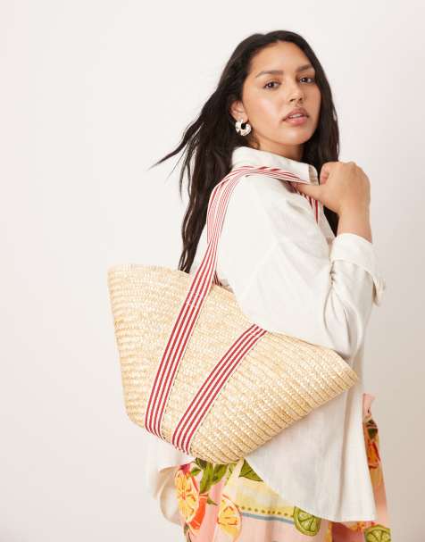 My Accessories – Mittelgroße Stroh-Tragetasche in Beige mit gestreiften Kontrasthenkeln - view 1