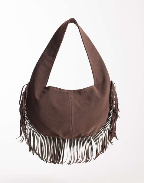 My Accessories - Mørkebrun skuldertaske i imiteret ruskind med rund bund med frynser - view 1