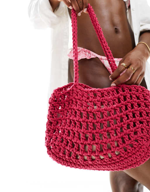 My Accessories - Open geweven gehaakte mini schoudertas in roze