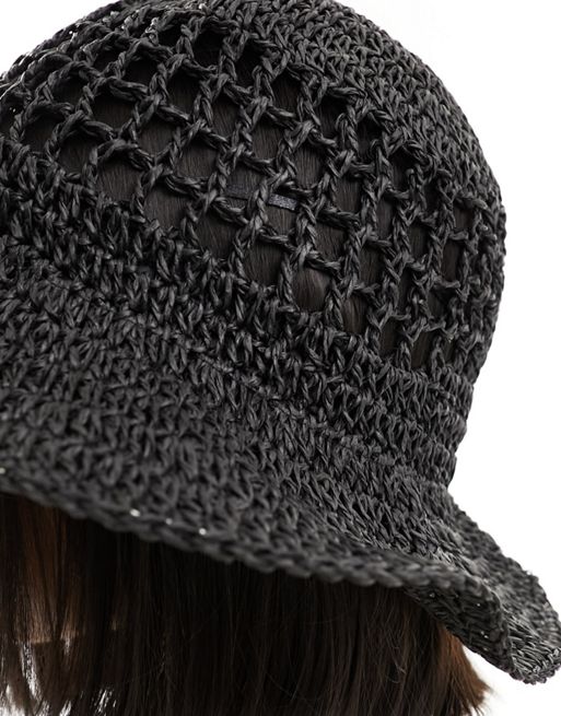 My Accessories open weave crochet bucket hat in black