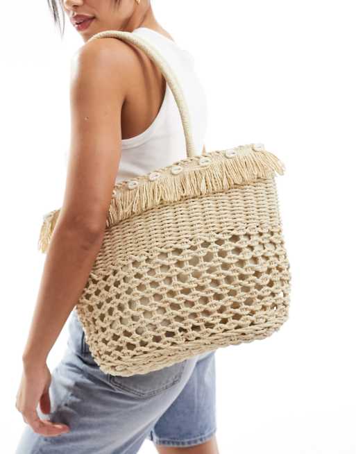 My Accessories - Opengeweven tas met schelpjes in naturel