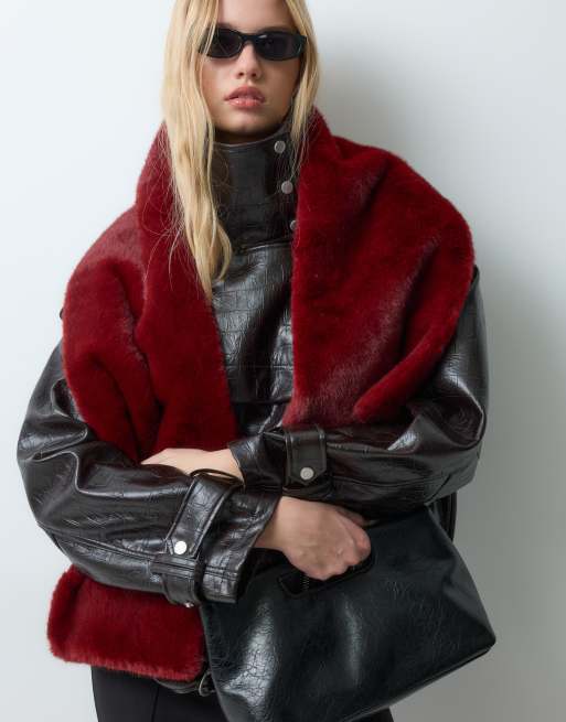 My Accessories oversize statement fluffy scarf in red faux fur, 5 of 5