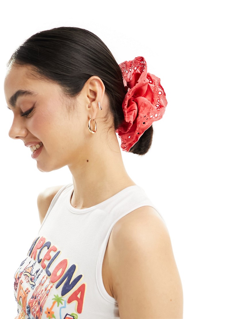 My Accessories oversized broderie scrunchie in red