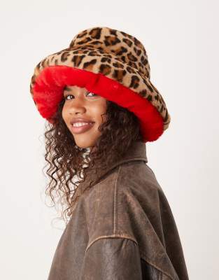 My Accessories My Accessories oversized faux fur bucket hat in leopard print and red-Multi