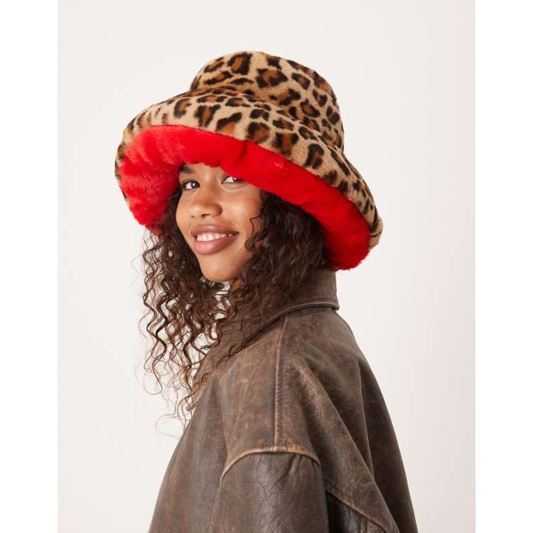 My Accessories oversized faux fur bucket hat in leopard print and