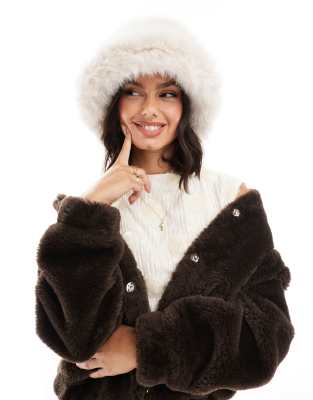 My Accessories My Accessories oversized fuzzy fur bucket hat in cream-White