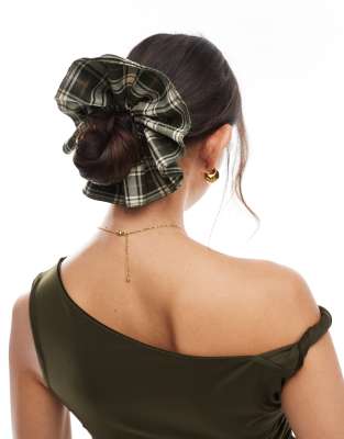 My Accessories oversized scrunchie in olive green check - view 1