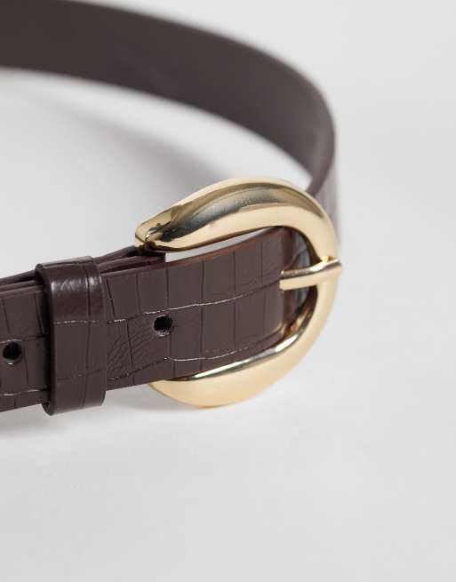 My Accessories pasek w brązowym wzorze croc effect ze złotą klamrą, 3 z 3