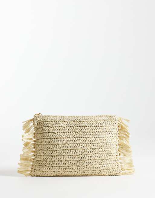 My Accessories - Pochette in paglia colore neutro con frange laterali