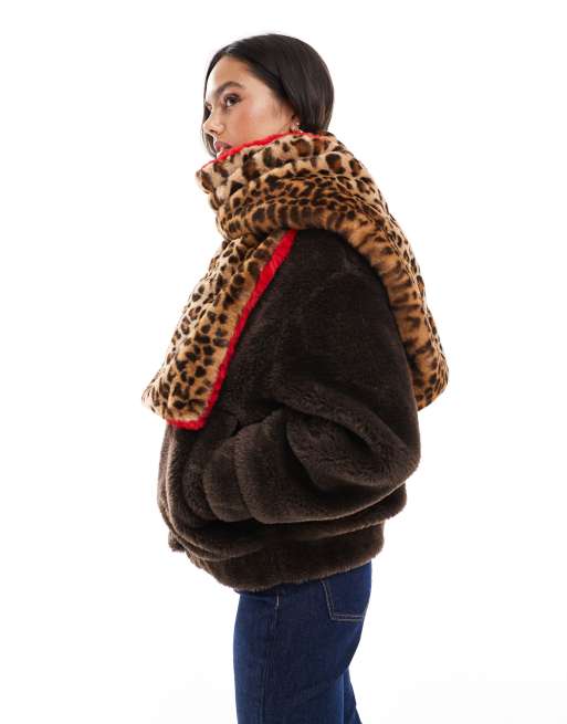 My Accessories - Rødt og leopardprintet halstørklæde i imiteret pels, 4 af 4