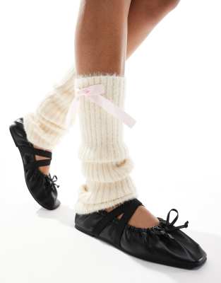 My Accessories ribbed leg warmers with pink bows in cream-Multi