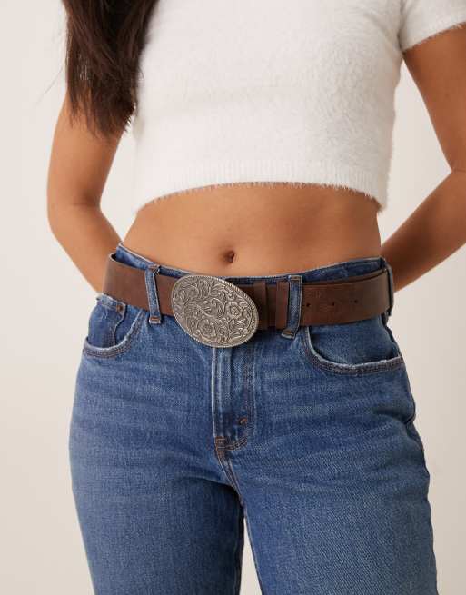 My Accessories - Riem met gegraveerde metalen gesp in bruin