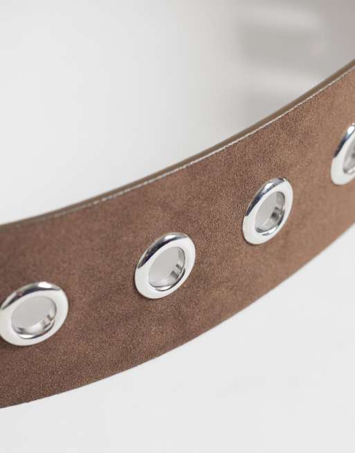 My Accessories - Riem van imitatiesuède met oogjes in bruin , 3 van 3