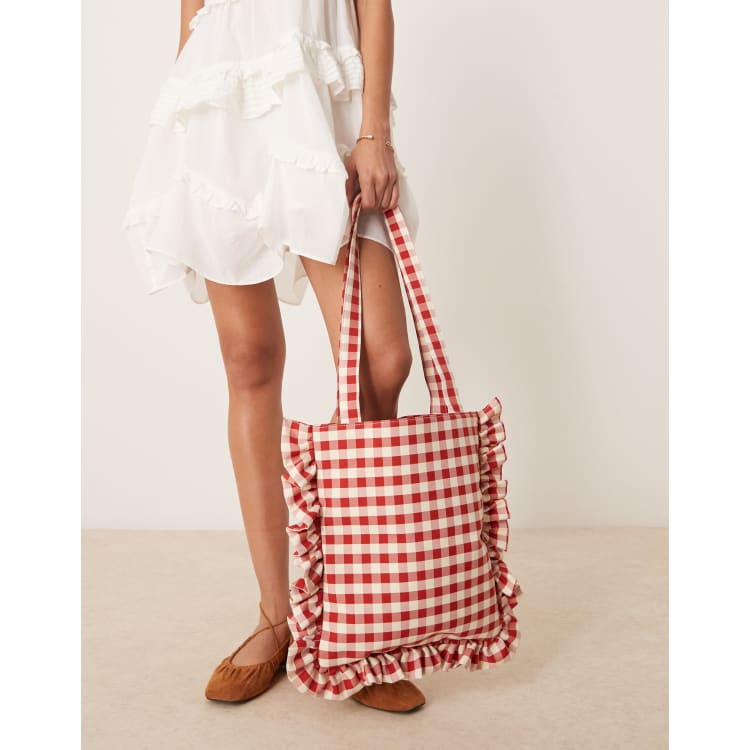 My Accessories ruffle gingham tote bag in red and white | ASOS