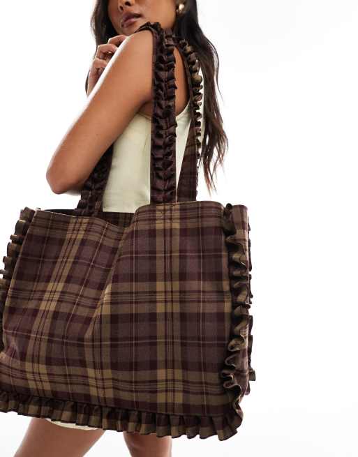 My Accessories ruffle tote bag in brown plaid, 3 of 4