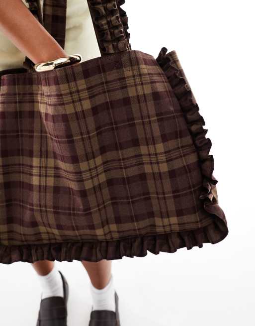 My Accessories ruffle tote bag in brown plaid