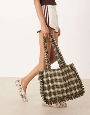 ruffle tote bag in olive green plaid