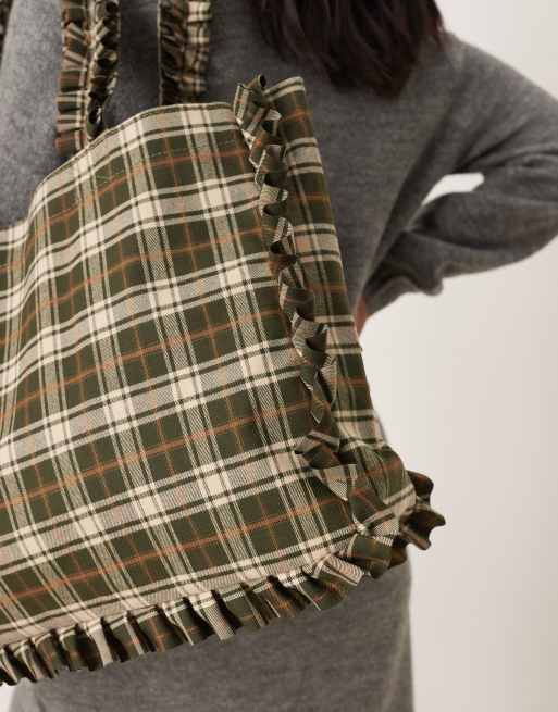 My Accessories ruffle tote bag in olive green plaid