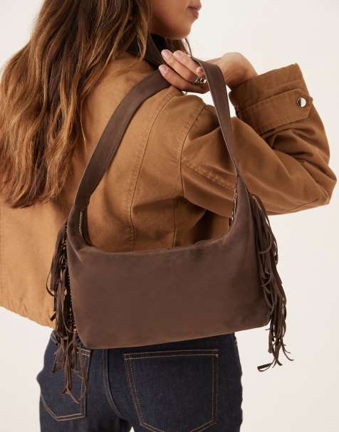 My Accessories - Sac porté épaule imitation daim à franges - Marron - view 1